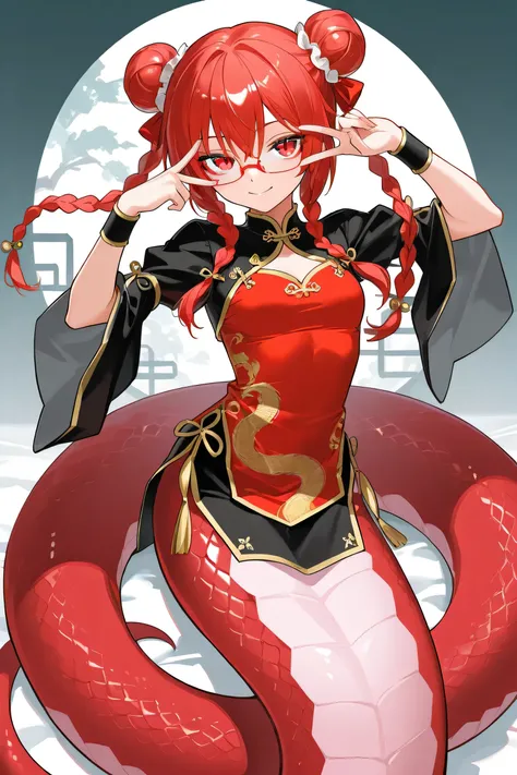 1girl,best quality,ultra detailed,20-year-old,(red glasses),red hair,red eyes,slit pupil,double bun,long twintails,twin braids,beautiful face,devil eyes,eyeshadow,
Qipao,cheongsam,
Happy Smile,v over eye,
(((red lamia))),monster girl,anime,rating_safe