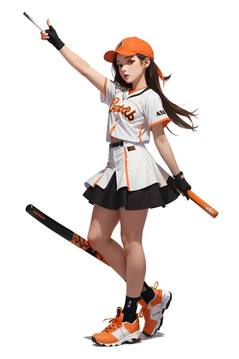 1girl, white background, single glove, black skirt, white baseball jersey, cap with horns, orange baseball bat, full body,