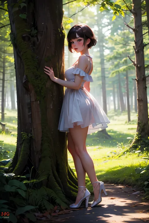 beautiful girl, small breast, showing face, protruding tongue, short hair, brown, 8k, professional photography, delicate, clear, in the forest, sun, light leakage, masterpiece, (beautiful)))), (reality)))), sad, blushing, Full Body, fantastic, young