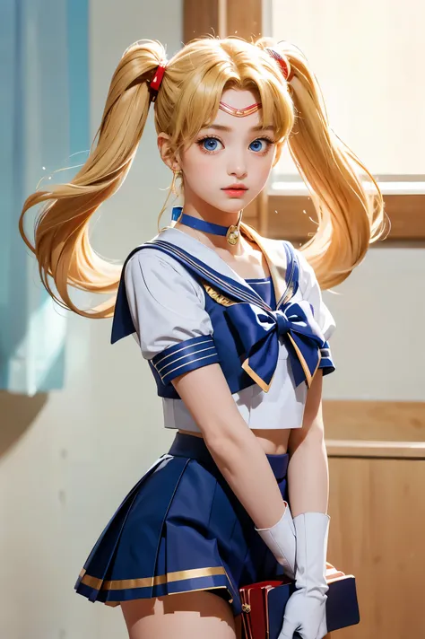 masterpiece, best quality, sailor moon,1girl, long hair,jewelry, sailor senshi uniform, blue sailor collar,blonde hair, red choker,white gloves, twintails, red bow, blue skirt, blue eyes, hair bun,