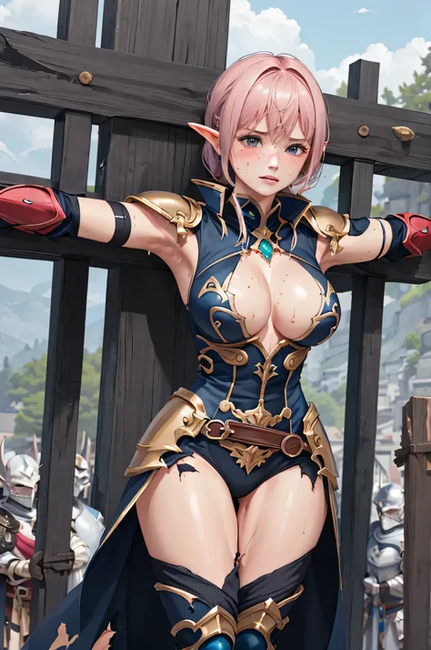 1girl,18yo,good anatomy, masterpiece, best quality,realistic, hyperrealistic, 16k hdr,(cleavage,damaged body,sweat,beautiful face,mature female,paladin,torn costume,arm guard,leg guard,shoulder armor:1.2),(red blush,:1.2),fantasy world,outdoor,village,blue...