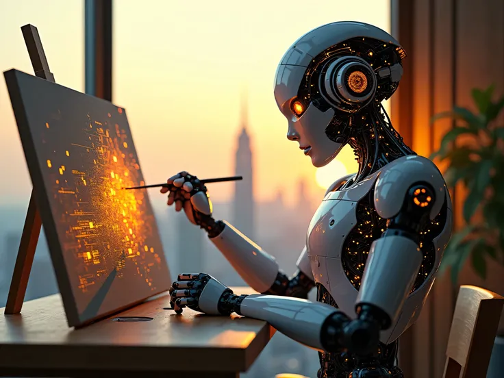 A sleek humanoid robot with a transparent shell revealing intricate circuits and glowing data streams, sitting at a wooden desk, painting a masterpiece on a canvas. The artwork is an evolving abstract of shifting colors and digital patterns. A futuristic c...