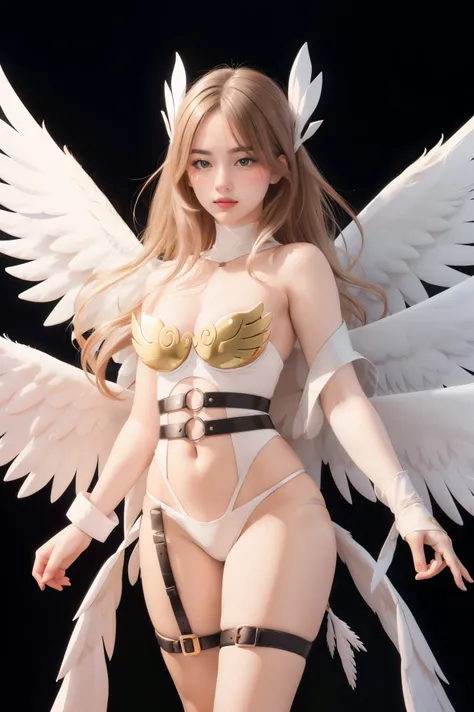 best quality, intricate details, 1girl, Angewomon, white multiple wings, white wings, pink hagoromo, single glove, strapless,white bodysuit, gold strapless bra, black belt, two belts, collabrone, bare shoulders, body, full body,