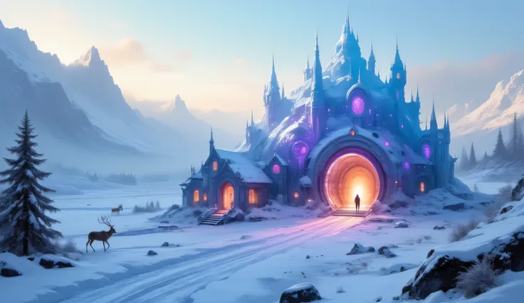 Snowy landscape under the shining northern sky . There is an unusual home in the center — a combination of a traditional igloo and something fabulous. The ice walls shimmer with blue and purple hues , and the warm , the flickering entrance . Snowy hi...