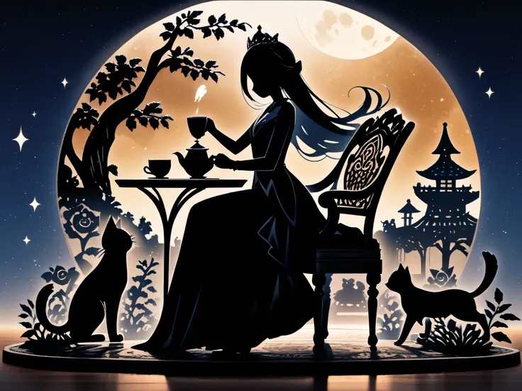 ((Black Silhouette Art)), ((Top Quality, Paper cutting, The world of paper cutting)), ((Excellent)), (highly detailed background, lighting), (1girl & 1cat) BREAK (1girl, Full body jet black, princess, black silhouette, A beautiful silhouette with fluffy lo...