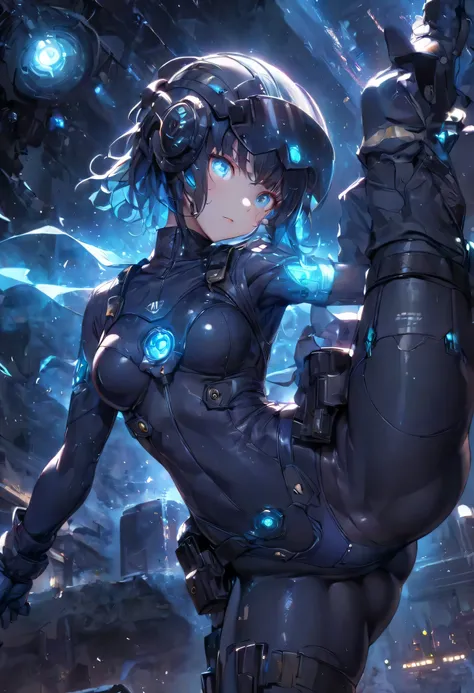 (Holographic glow effect), Top Quality, (Ultra High Resolution), Japanese female,Small face,Cute, ((Blue glowing eyes): 1.2), Mechanical eyes, Glowing eyes, Fine eyes, Futuristic glow eyes, Well shaped eyes, Highly detailed face, Cowboy shot, Spaceship, (N...