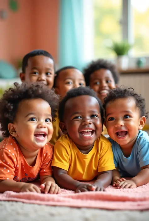 Create a photo of 5 babies being 2 s and 3 happy boys smiling a mix of races 