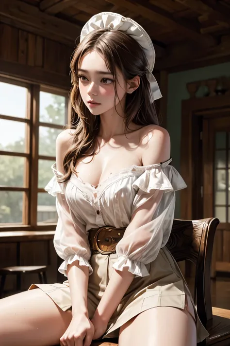 beautiful, masterpiece, best quality, extremely detailed face, perfect lighting, 1girl, solo, GiovannaMS, cowboy shot, blouse, shoulder, sitting, spread legs, blushing, ecstasic face, sad