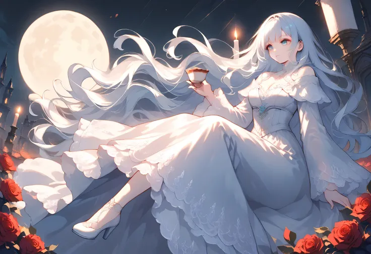 score_9, score_8_up, score_7_up, Dark fantasy art, fantasy art, goth art, a picture of a goth woman, drinking tea, drinking tea in a tea ceremony, pale white skin, white hair, Ultra detailed face, Best Detailed face, long hair, wavy hair, blue eyes, she w...
