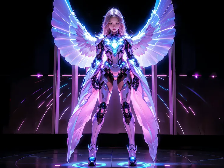 Mecha Girl，future，Cool lighting，(((( full body portrait in front of )))),(((Front view)))，(((Face shot))),Face to face with you， Looking at Camera 、 Beautiful Woman with Spread Wings 、take off