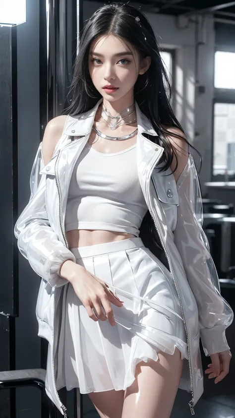 8k, masterpiece, 1 girl, beautiful face, ((very long hair)), glossy makeup, (glossy skin:1.5), detailed eyes, detailed lips, medium bust, white short jacket, white vest, ((glossy skirt)), ((bare side hip)), straps clothing, (cuberpunk:1.5), steam effect,