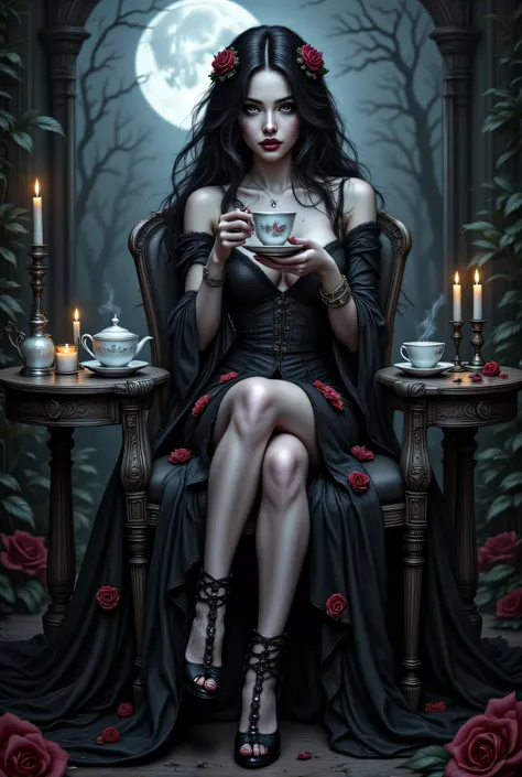 Arafed,  Dark fantasy art, fantasy art, goth art, a picture of a goth woman, drinking tea, she drinks from a delicate porcelain cup, pale white skin, white hair, Ultra detailed face, Best Detailed face, black hair, long hair, wavy hair, blue eyes, she wear...