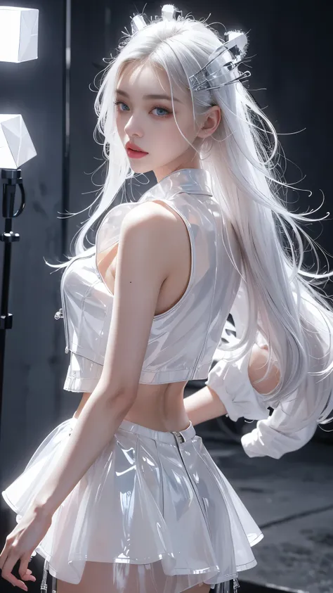 8k, masterpiece, 1 girl, beautiful face, ((very long hair)), glossy makeup, (glossy skin:1.5), detailed eyes, detailed lips, medium bust, white short jacket, white vest, ((glossy skirt)), ((bare side hip)), straps clothing, (cuberpunk:1.5), steam effect,