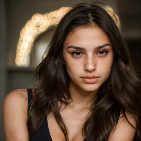 Young, beautiful, cute, tanned, sexy 21-year-old Albanian. Very dark brunette, long hair, neat, even tattoo of black eyebrows, brown eyes, small cute nose, slightly elongated, slightly rounded skull and face, very few freckles on the nose, oval lips, model...