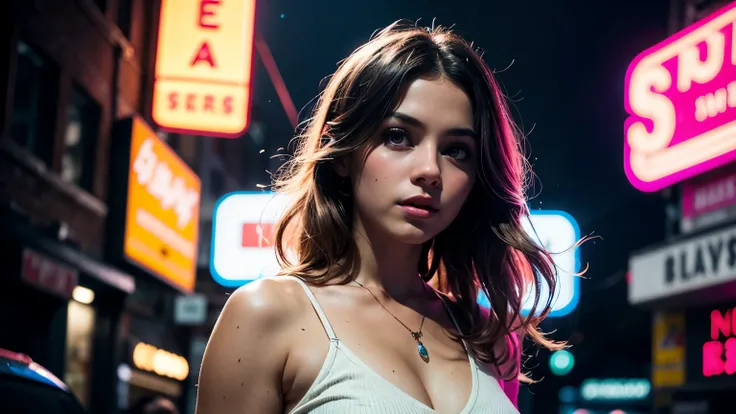 cinematic, photorealistic, life-like image, overexposed highlights, iridescent droplets, intricate details, vibrant young girl with soft wavy chestnut hair, modern minimalist outfit , shiny top with an open neckline,  large breasts, abstract urban texture ...