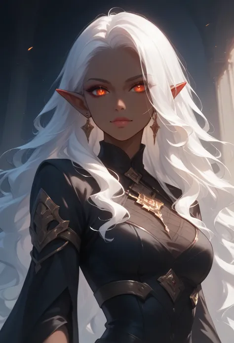 score_9, score_8_up, score_7_up, a portrait of a female dark elf, black skin, white hair, long hair, wavy hair, flowing hair, sparkling fiery eyes, there are jewelry in her hair. best quality, 16k, ultra detailed, masterpiece, best quality, (extremely deta...