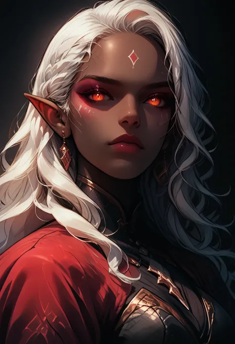 score_9, score_8_up, score_7_up, a portrait of a female dark elf, black skin, white hair, long hair, wavy hair, flowing hair, sparkling fiery eyes, there are jewelry in her hair. best quality, 16k, ultra detailed, masterpiece, best quality, (extremely deta...