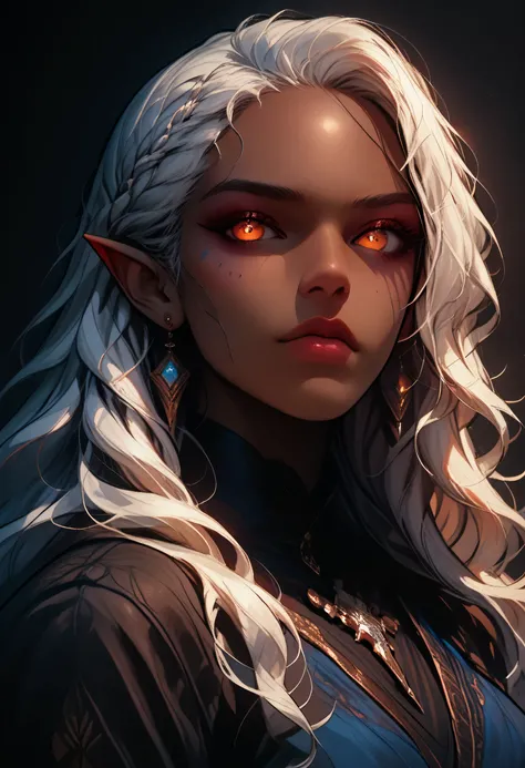 score_9, score_8_up, score_7_up, a portrait of a female dark elf, black skin, white hair, long hair, wavy hair, flowing hair, sparkling fiery eyes, there are jewelry in her hair. best quality, 16k, ultra detailed, masterpiece, best quality, (extremely deta...
