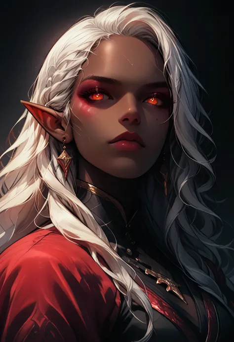 score_9, score_8_up, score_7_up, a portrait of a female dark elf, black skin, white hair, long hair, wavy hair, flowing hair, sparkling fiery eyes, there are jewelry in her hair. best quality, 16k, ultra detailed, masterpiece, best quality, (extremely deta...