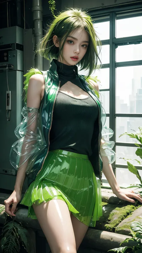 8k, masterpiece, 1 girl, beautiful face, ((very long hair)), glossy makeup, (glossy skin:1.5), detailed eyes, detailed lips, medium bust, green short jacket, green vest, ((glossy skirt)), ((bare side hip)), straps clothing, (cuberpunk:1.5), steam effect,