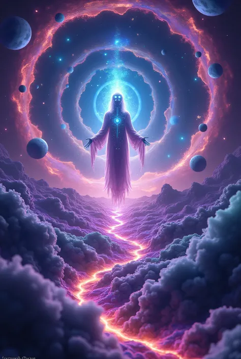 A surreal and psychedelic scene showing a mystical entity floating in the center of a cosmic orbit. The entity may be a celestial being, such as an ethereal shaman, a cosmic deity, or a translucent humanoid figure with glowing eyes. The orbit around you is...