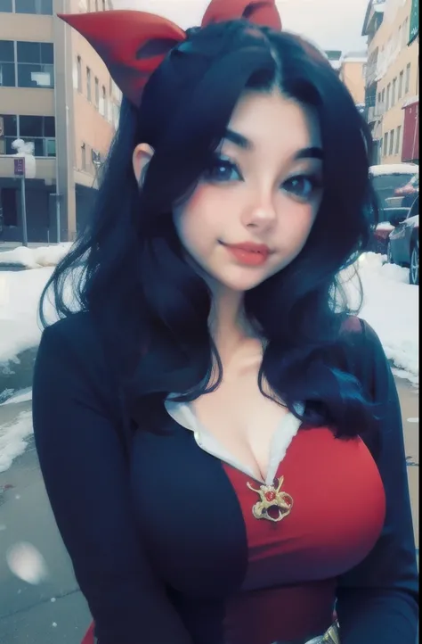 Araffe dressed as a snow white with a red bow and a red bow, beautiful vampire queen, realistic cosplay, Marceline from Adventure Time, anime girl cosplay, 4K HD snow white hair, beautiful vampire queen, snow white as a d &d fighter, snow white, anime cosp...