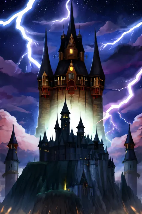   dark fantasy style , retro anime. Wizard on top of a castle,  lightning . Design