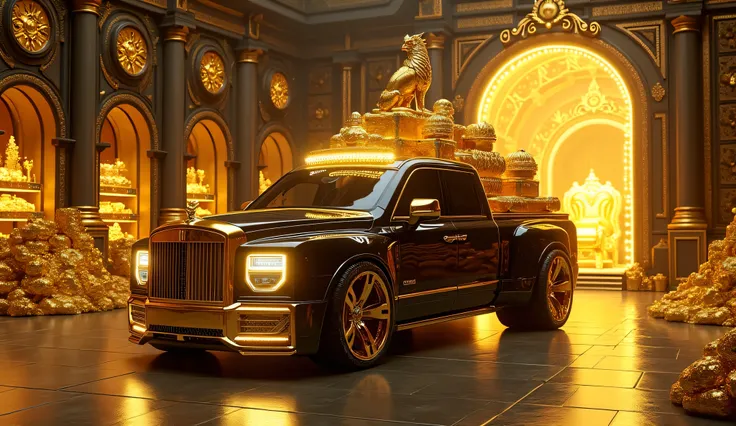 "A luxurious and ultra-expensive scene featuring a high-end, customized black and gold pickup truck parked in front of an exclusive, high-security vault storage facility. The truck is overloaded with extravagant golden treasures, including massive gold bar...