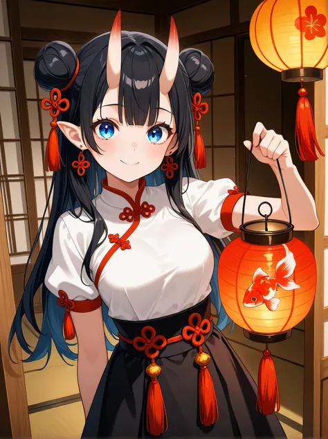 (masterpiece), best quality, expressive eyes, perfect face, 1girl, lantern, paper_lantern, horns, solo, fish, long_hair, double_bun, skirt, black_hair, hair_bun, black_skirt, holding, short_sleeves, jewelry, tassel, pointy_ears, earrings, smile, oni_horns,...