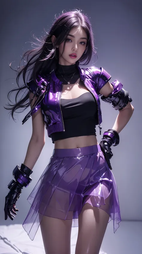 8k, masterpiece, 1 girl, beautiful face, ((very long hair)), glossy makeup, (glossy skin:1.5), detailed eyes, detailed lips, medium bust, purple short jacket, purple vest, ((glossy skirt)), ((bare side hip)), straps clothing, (cuberpunk:1.5), steam effect,