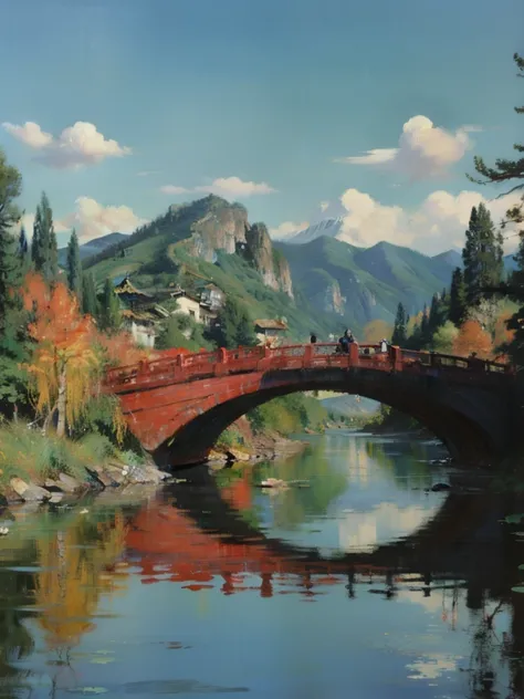 painting of a mountain scene with a river and a bridge, chinese landscape, by Qiu Ying, by Qian Du, chinese painting style, traditional chinese art, inspired by Yuan Jiang, by Li Rongjin, by Gu An, by Li Di, chinese style painting, ancient china art style,...