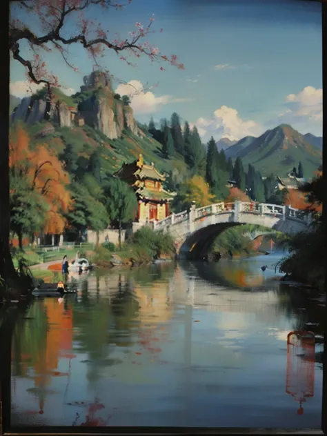 painting of a mountain scene with a river and a bridge, an ultrafine detailed painting by Qiu Ying, trending on pixabay, cloisonnism, chinese landscape, chinese painting style, traditional chinese art, chinese style painting, ancient china art style, qi sh...