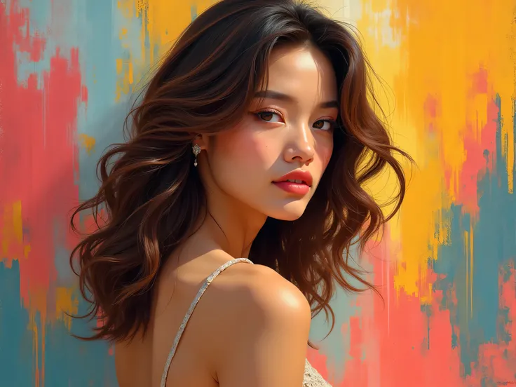 Elegant young woman with wavy brown hair poses against a vibrant multicolored abstract background, exuding modern fashion and artistic charm. Generative A