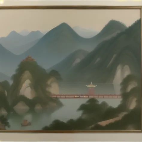 painting of a mountain scene with a river and a bridge, chinese landscape, by Qiu Ying, by Qian Du, chinese painting style, traditional chinese art, inspired by Yuan Jiang, by Li Rongjin, by Gu An, by Li Di, chinese style painting, ancient china art style,...