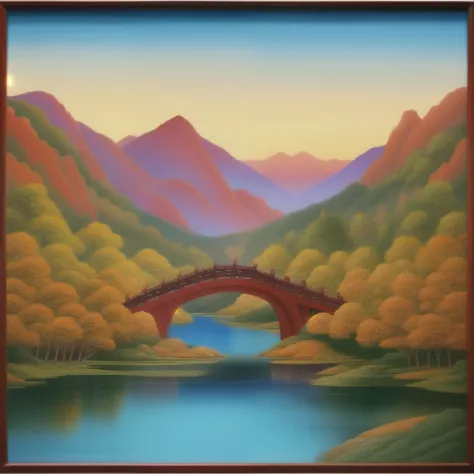 painting of a mountain scene with a river and a bridge, an ultrafine detailed painting by Qiu Ying, trending on pixabay, cloisonnism, chinese landscape, chinese painting style, traditional chinese art, chinese style painting, ancient china art style, qi sh...