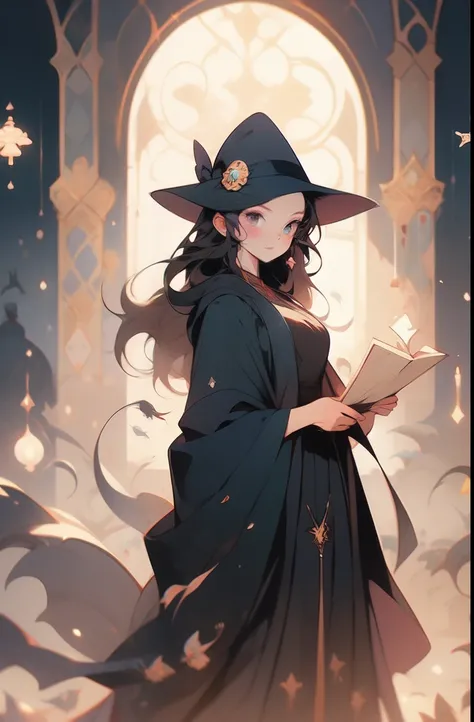 a woman with a hat and a wand stands in the dark, sky witch, beautiful celestial mage, fantasy art style, /!\ the sorceress, arcane art style, bright witch, mage, the witch queen, fantasy mage, artwork in the style of guweiz, beautiful wizard, style of due...