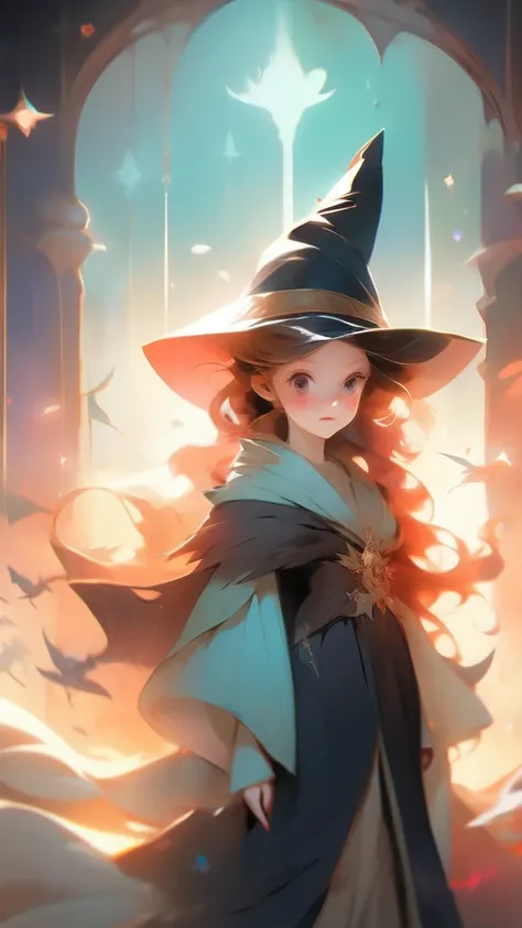 a woman with a hat and a wand stands in the dark, sky witch, beautiful celestial mage, fantasy art style, /!\ the sorceress, arcane art style, bright witch, mage, the witch queen, fantasy mage, artwork in the style of guweiz, beautiful wizard, style of due...