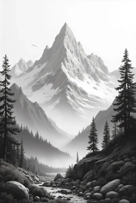 Create an image drawn in graphite pencil of a mountain landscape