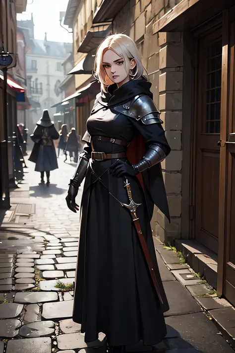 A young, petite female rogue, approximately 5'3" tall, with short, platinum blonde hair peeking out from under a black hooded cloak. She's dressed in tight-fitting, leathery armor of black and muted greens, adorned with subtle silver accents. Her face is e...