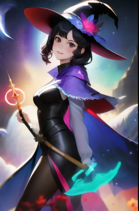 a woman with a hat and a wand stands in the dark, sky witch, beautiful celestial mage, fantasy art style, /!\ the sorceress, arcane art style, bright witch, mage, the witch queen, fantasy mage, artwork in the style of guweiz, beautiful wizard, style of due...