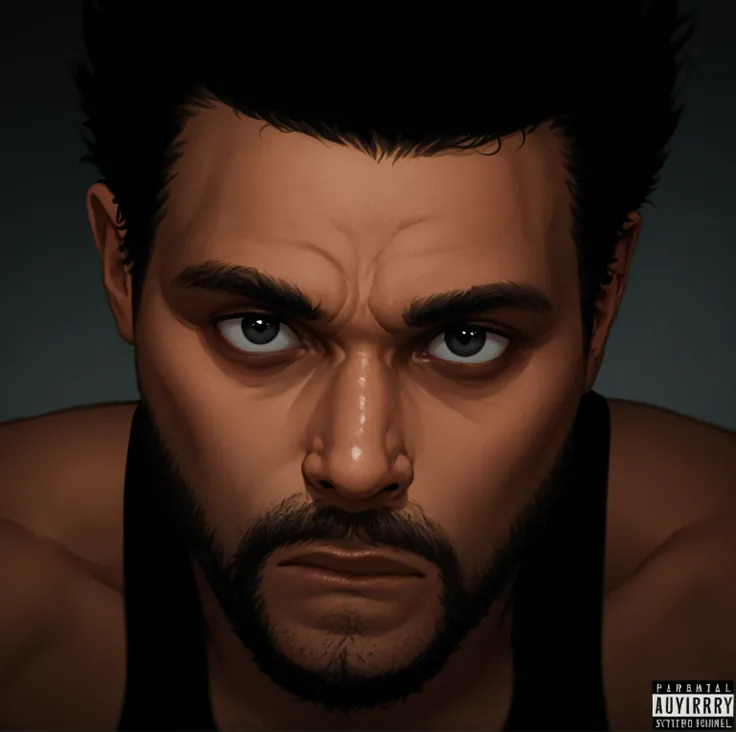  bearded man in a black shirt looking at the camera, Emotionally Evocative , alternate album cover,  intense look ,  lost look, colored album art,  big black eyes , completely black big eyes ,  large in its entirety - black eyes ,  big black eyes ,  big bl...