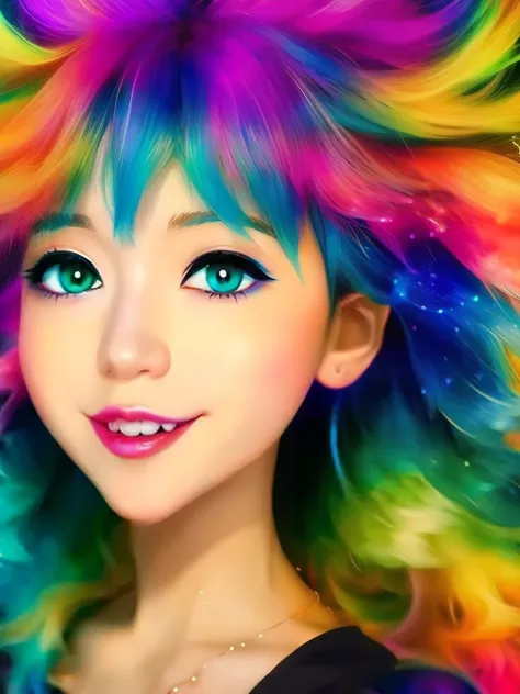 Close-up of a woman with colorful hair and necklace, anime girl with cosmic hair, Rossdraws soft vibrancy, Gouviz style artwork, fantasy art style, colorful], vibrant fantasy style, Rossdraws cartoon full of vitality, cosmic and colorful, Guweiz, colorful ...