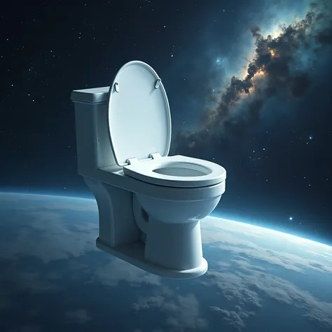 a white toilet is flying in beautiful space