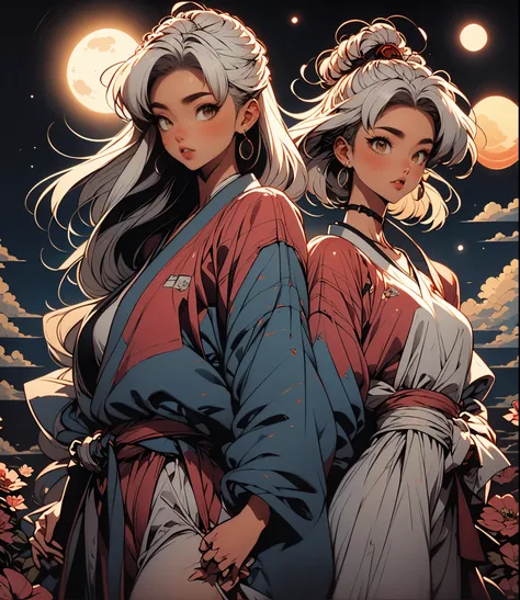 ninja girl, straigh white hair, ninja sword, flowers, años 90, retro. Background: japanese town, moonlight, cerezos