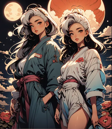 ninja girl, straigh white hair, ninja sword, flowers, años 90, retro. Background: japanese town, moonlight, cerezos