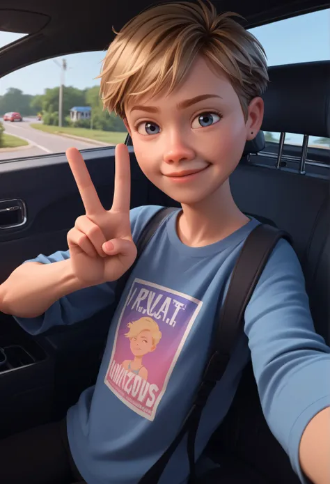 score_9, score_8_up, score_7_up, score_6_up, score_5_up, score_4_up, ri_ley2, 1 girl, pixie cut, blond hair, in a car, peace sign, selfie