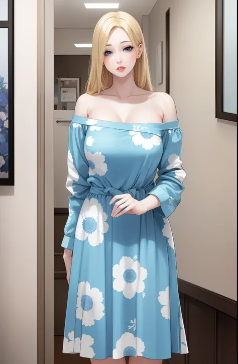 A slim beautiful woman with blonde hair, big blue eyes, and extremely fair white skin. She's wearing a blue floral dress and an open-front sweater in an off-shoulder style. Clear lips, perfect eyes, perfect eyelashes, perfect hands, perfect hair strands, p...