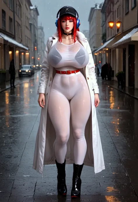  ultra realistic, very massive mega big breasts, young and sporty-built, long black hair with red highlights and bangs,  white T-shirt transparent tight-fitting, white long tight-fitting pants , narrow red belt, black high heel boots with red sole,  legs s...