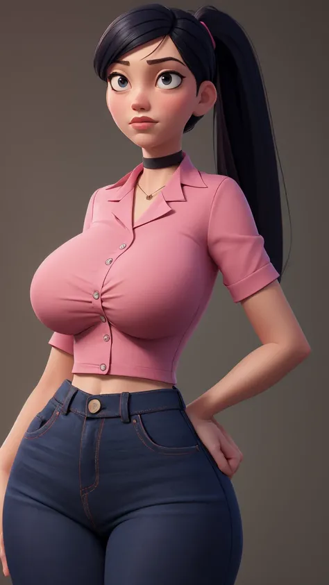  saggy breast. huge hips. ponytail. choker. shirt.
Huge breasts