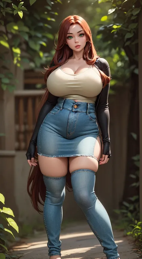 ((Solo)) ((Masterpiece)) ((High Quality)) ((Perfect Face)) ((Beautiful)) ((Round face)) ((Middle aged)) ((Auburn hair)) ((Long Hair)) ((Cute Nose)) ((Green Eyes)) ((Light Skin)) ((Camisole)) ((Tight jeans)) ((Full lips)) Curvy figure, huge breasts